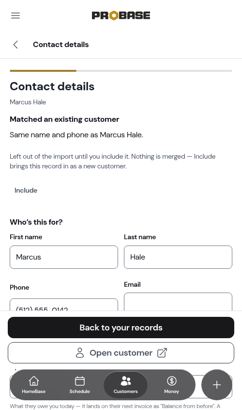 A record matched to an existing customer