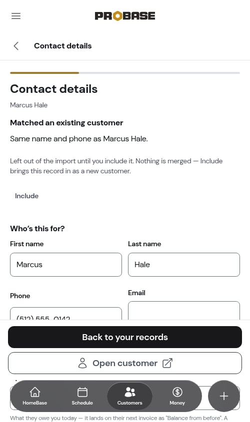 A record matched to an existing customer