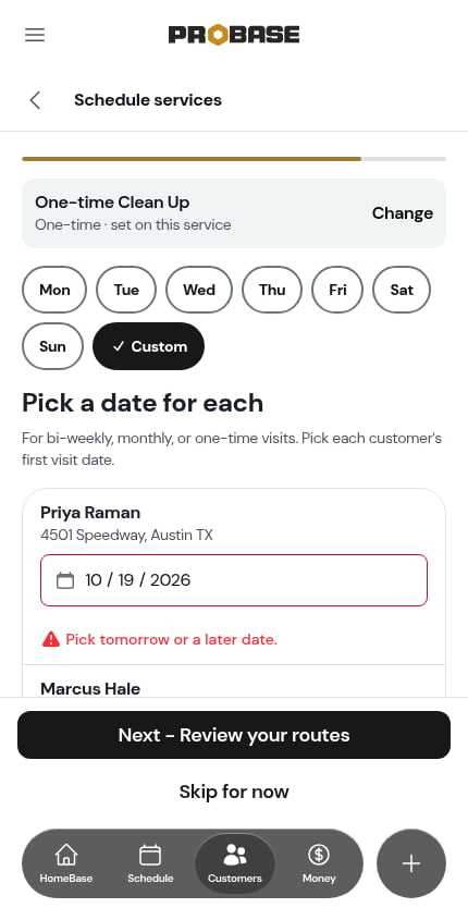 A past date refused with Pick tomorrow or a later date.