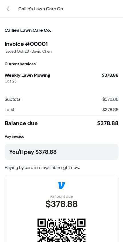 An invoice whose card form couldn't load, with no pinned pay bar