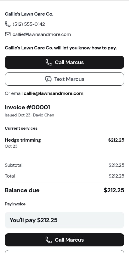 An invoice with no online payment, showing Call and Text