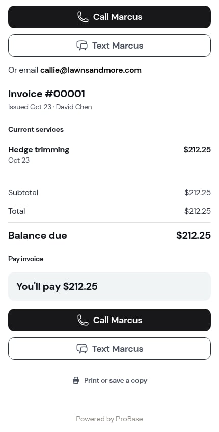The Call and Text pair repeated at the foot of the invoice