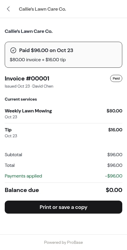A paid invoice with the receipt at the top