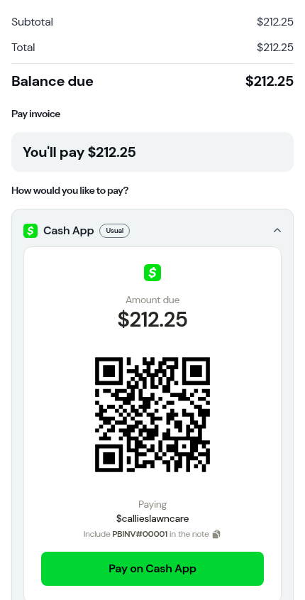 How would you like to pay, with Cash App marked Usual