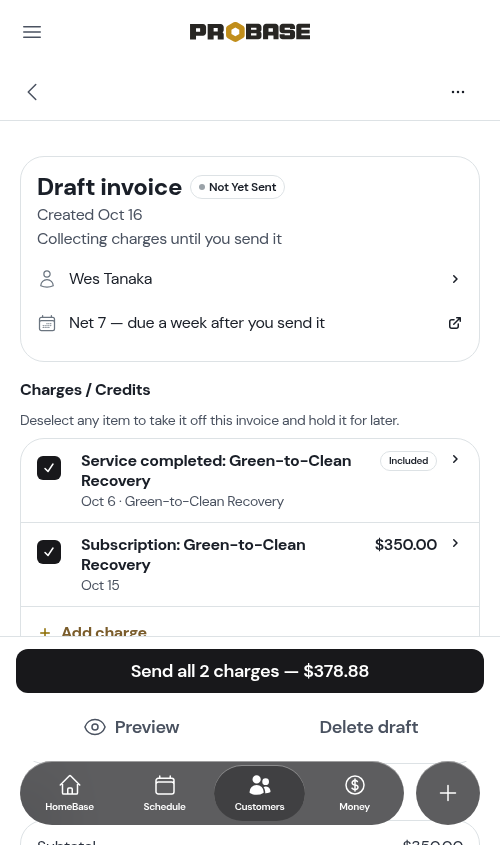 The second month's draft invoice with the visit marked Included and the subscription charge