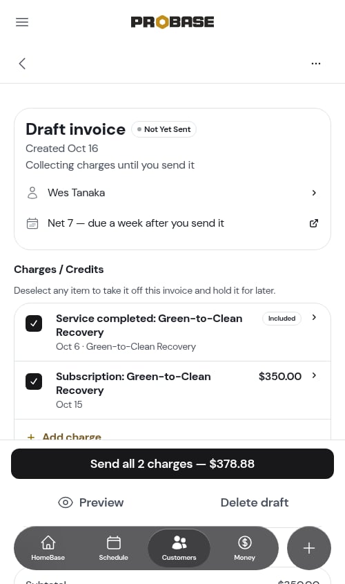 The second month's draft invoice with the visit marked Included and the subscription charge