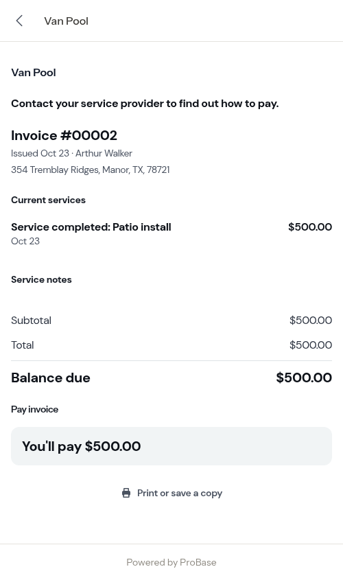The job's invoice the customer is taken to