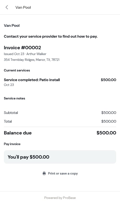 The job's invoice the customer is taken to