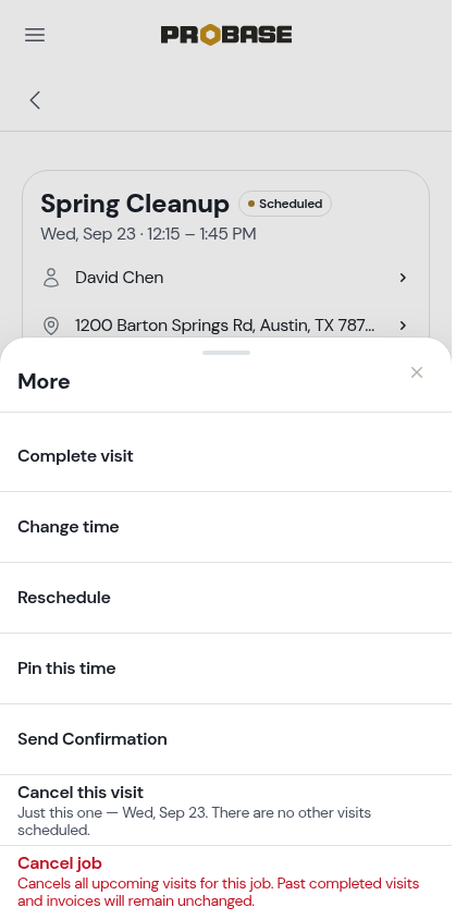 Pin this time in the visit's More sheet
