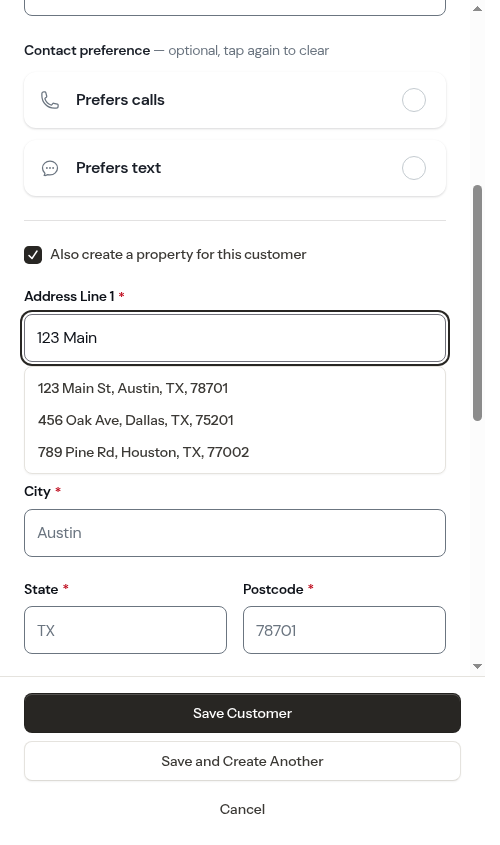 Address suggestions listed under the Address Line 1 field