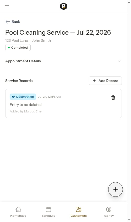 Service records on a completed appointment