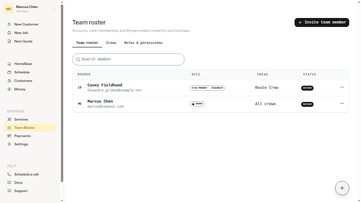 The Team Roster page