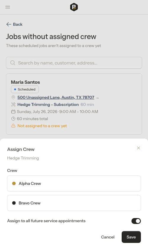 Assign Crew modal opened from the list