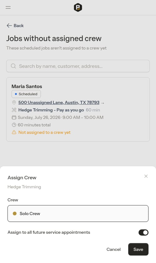 Single crew pre-selected in the Assign Crew modal