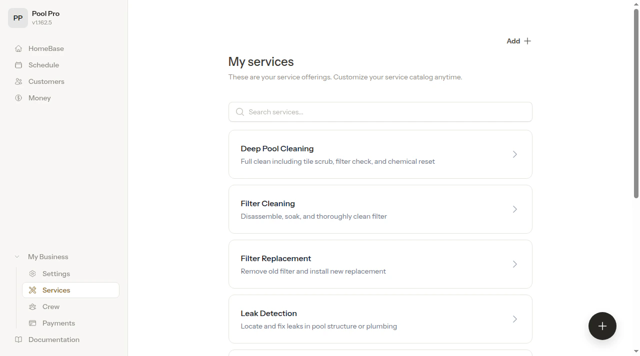 Pool service offerings created after onboarding
