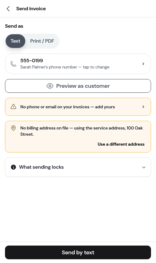 The Send invoice screen
