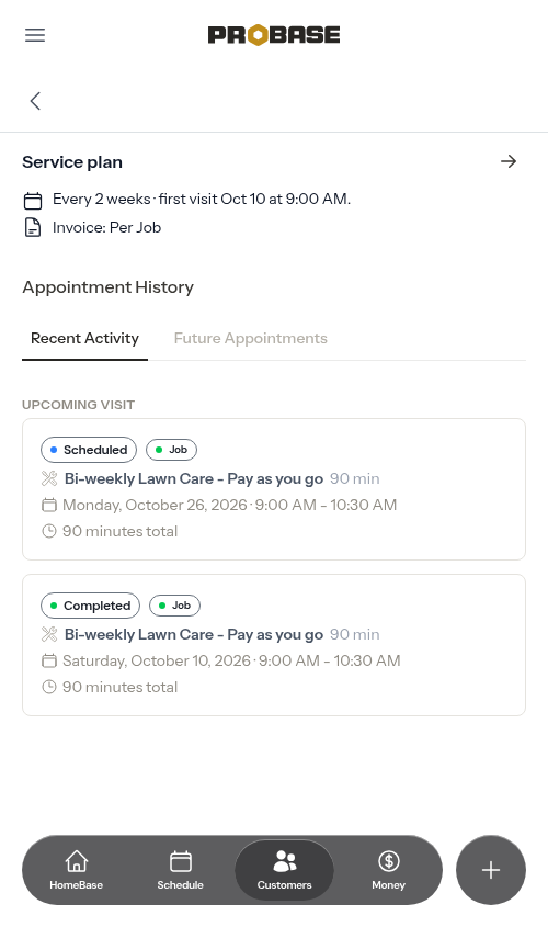 Recent Activity tab with the next visit pinned at the top