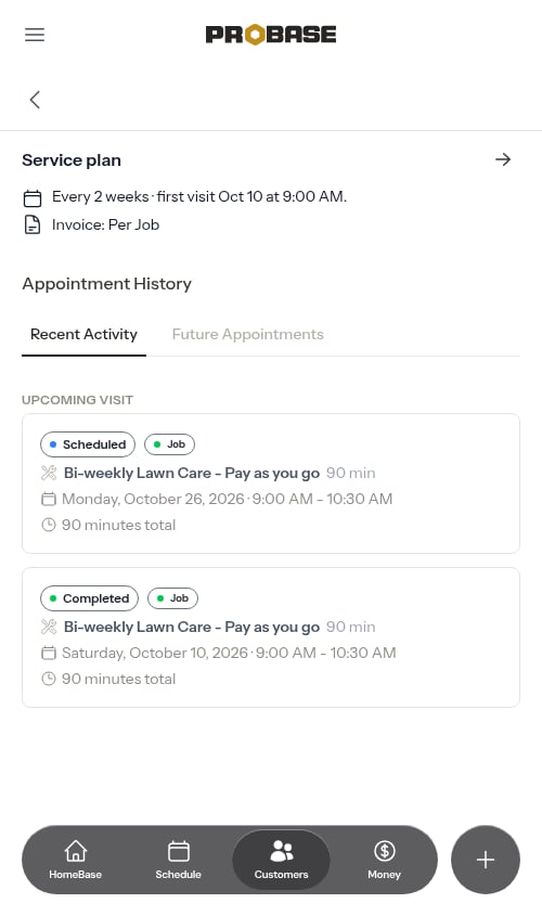 Recent Activity tab with the next visit pinned at the top
