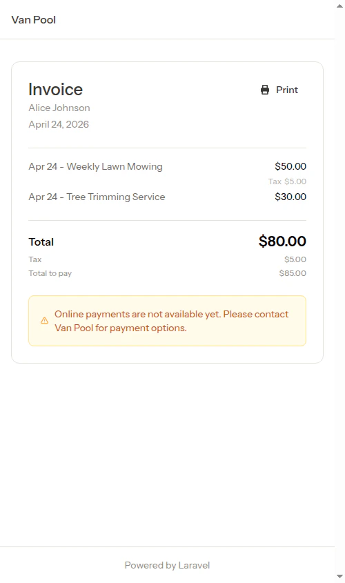 Customer invoice payment page