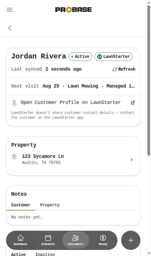 A LawnStarter customer profile in ProBase