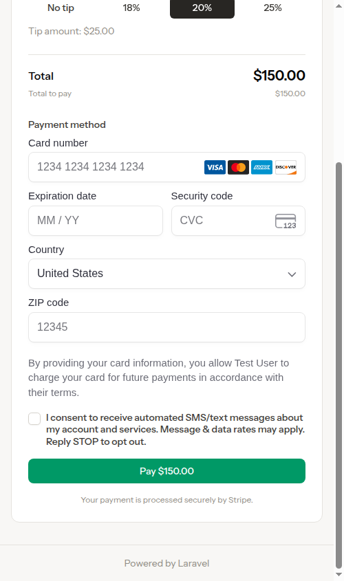 Stripe payment form with tip