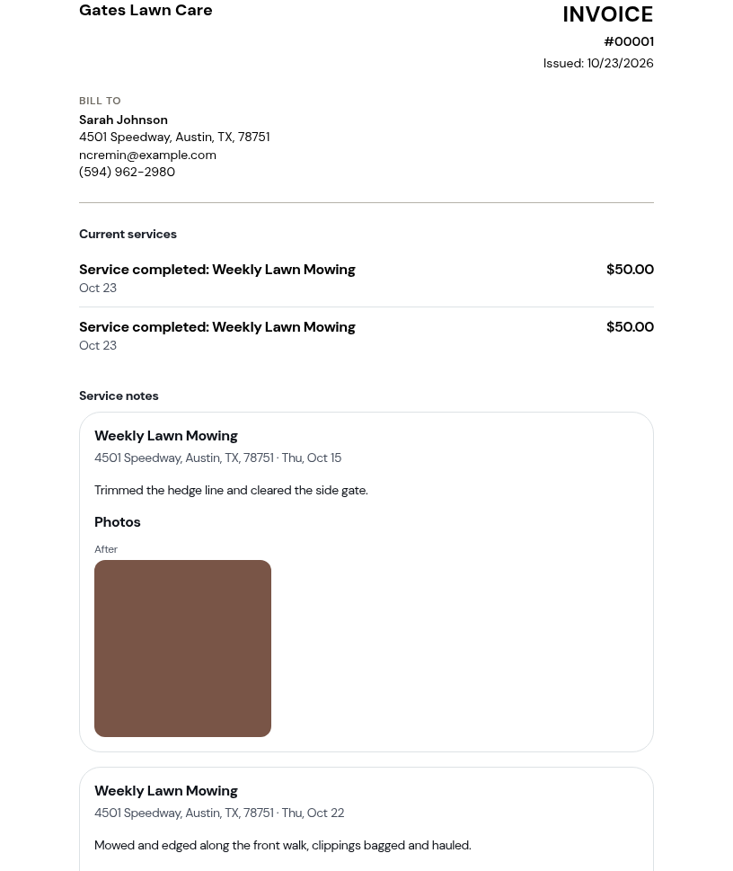 The printed invoice with each visit's summary