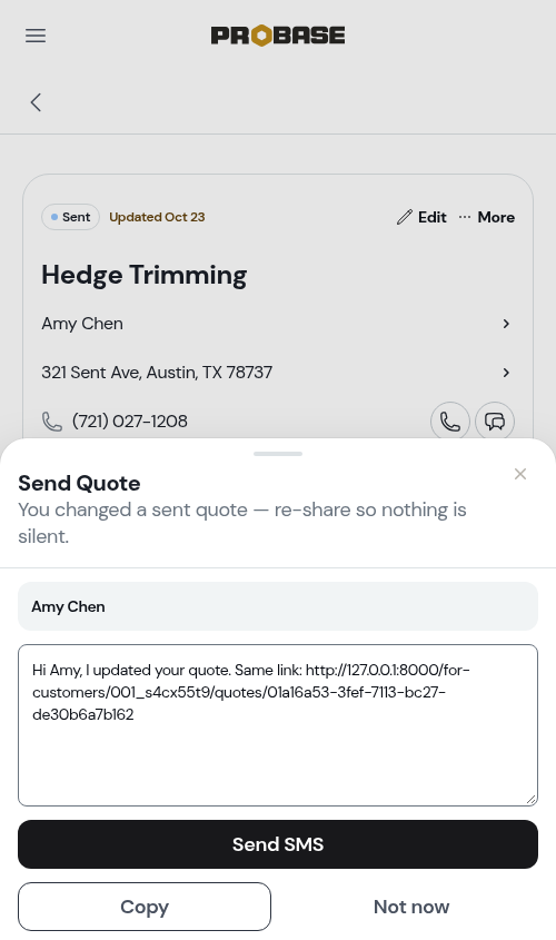 The re-share offer after editing a sent quote