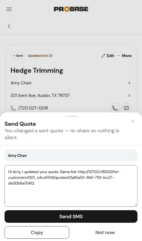 The re-share offer after editing a sent quote