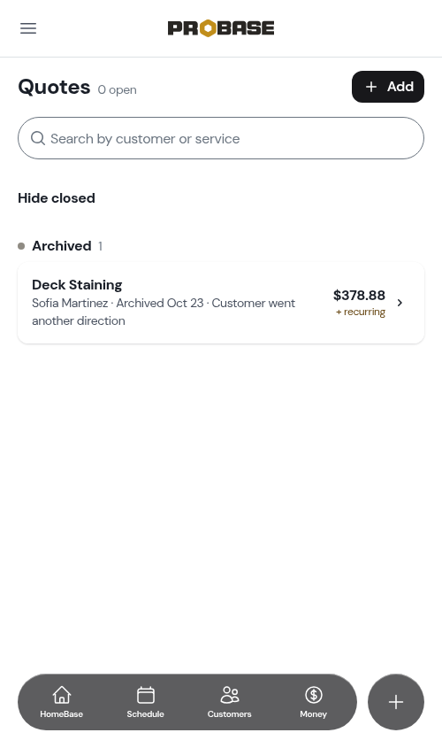 The archived quote under Show closed