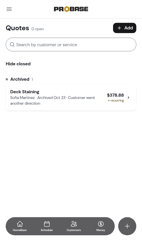 The archived quote under Show closed