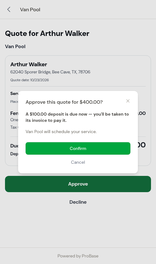 The approve confirmation with a deposit