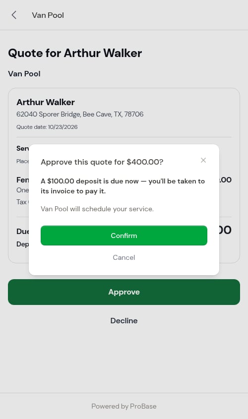 The approve confirmation with a deposit
