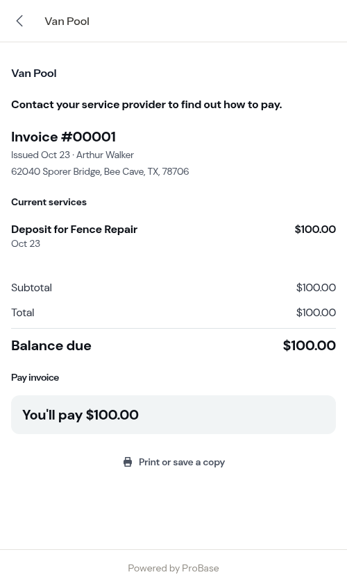The deposit invoice the customer lands on