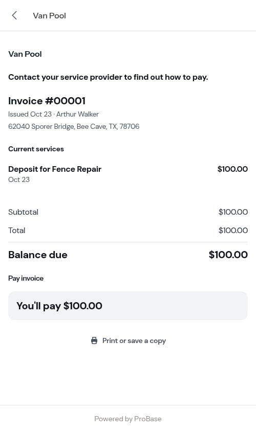 The deposit invoice the customer lands on