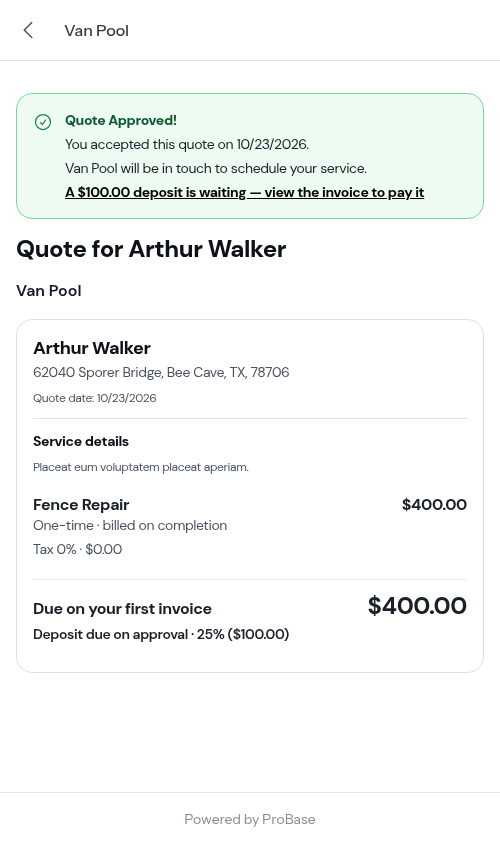 The approved quote with the deposit link