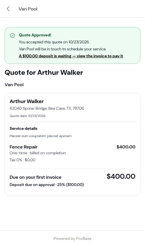 The approved quote with the deposit link