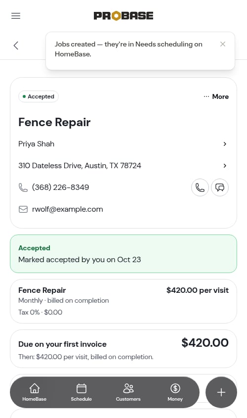 The accepted quote and the Needs scheduling confirmation