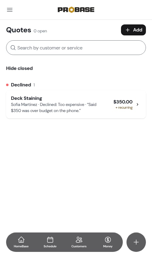 The declined quote under Show closed