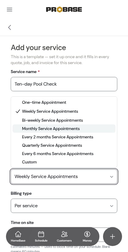 The job frequency list, with Custom at the bottom