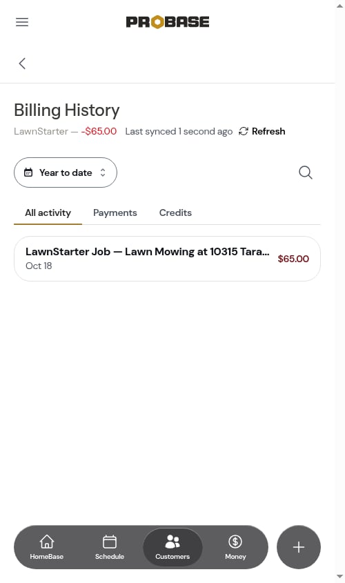 The marketplace customer's Billing History showing earned work