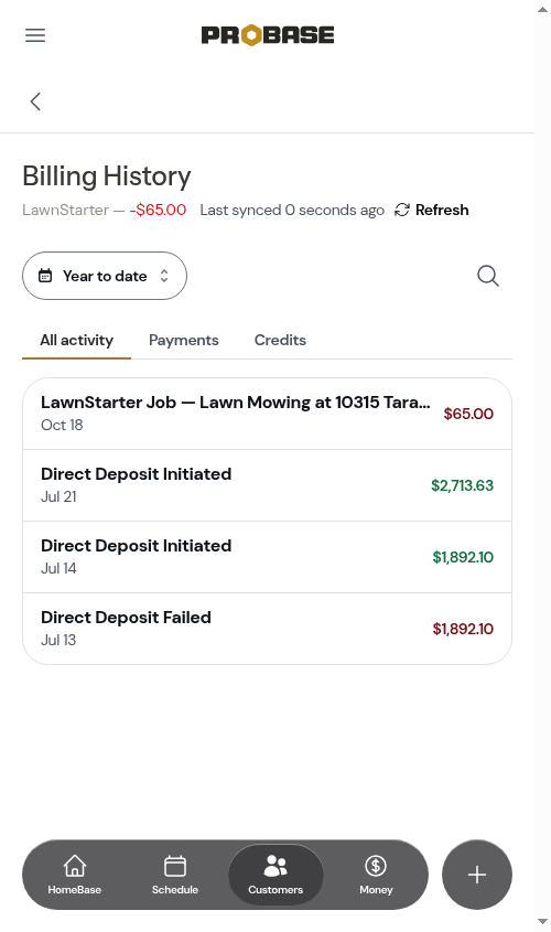 The ledger after a refresh, showing deposits alongside earned work