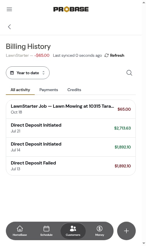 The ledger after a refresh, showing deposits alongside earned work