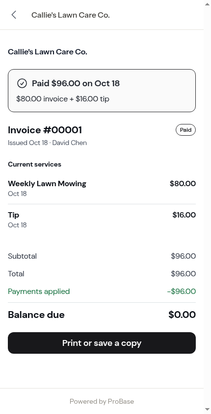 A paid invoice with the tip split out in the receipt