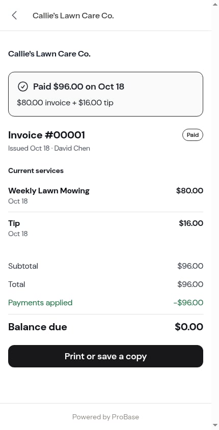 A paid invoice with the tip split out in the receipt
