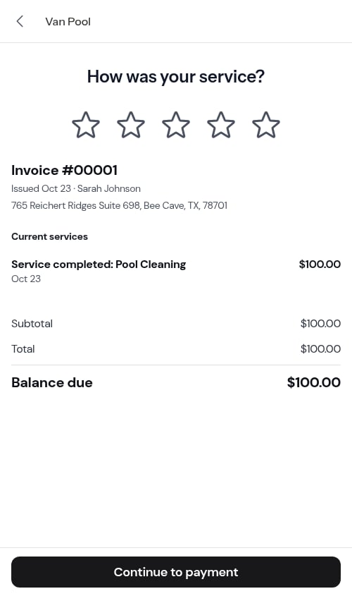 Service review screen with star rating