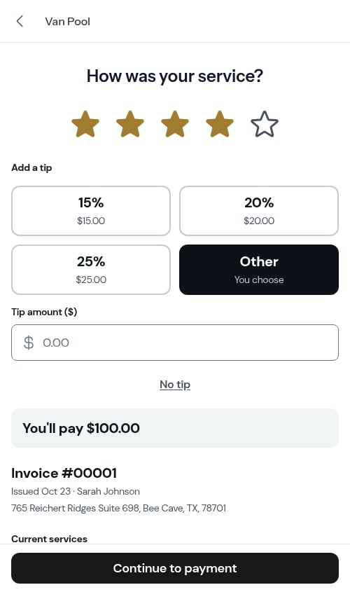Other tip selected revealing custom amount input