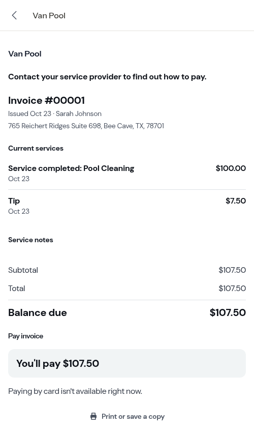 Invoice on the payment page after a custom tip was added
