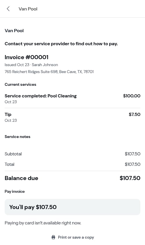 Invoice on the payment page after a custom tip was added