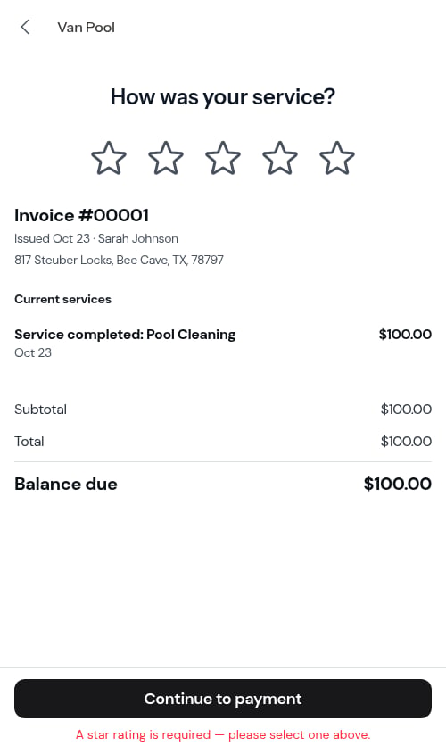 The required-rating message under the Continue to payment button