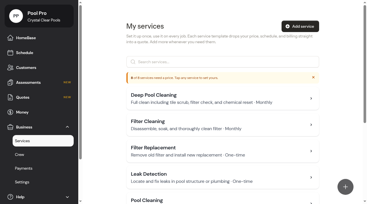 Pool service offerings created after onboarding